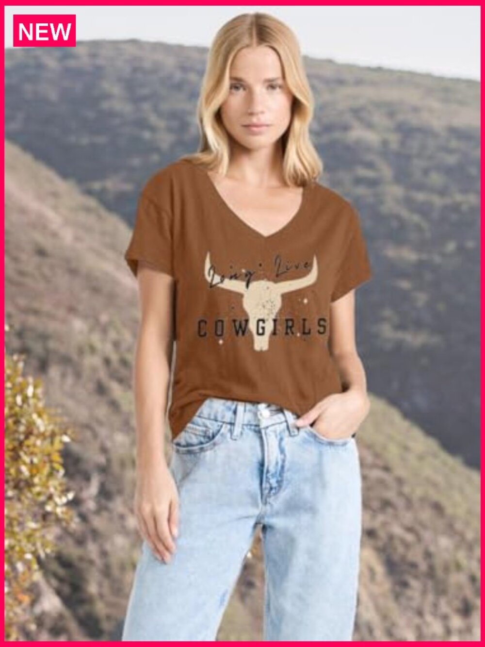 Vintage Western V-Neck T-Shirt, Short Sleeve, Loose Fit, Cotton Blend - Picture 4 of 5